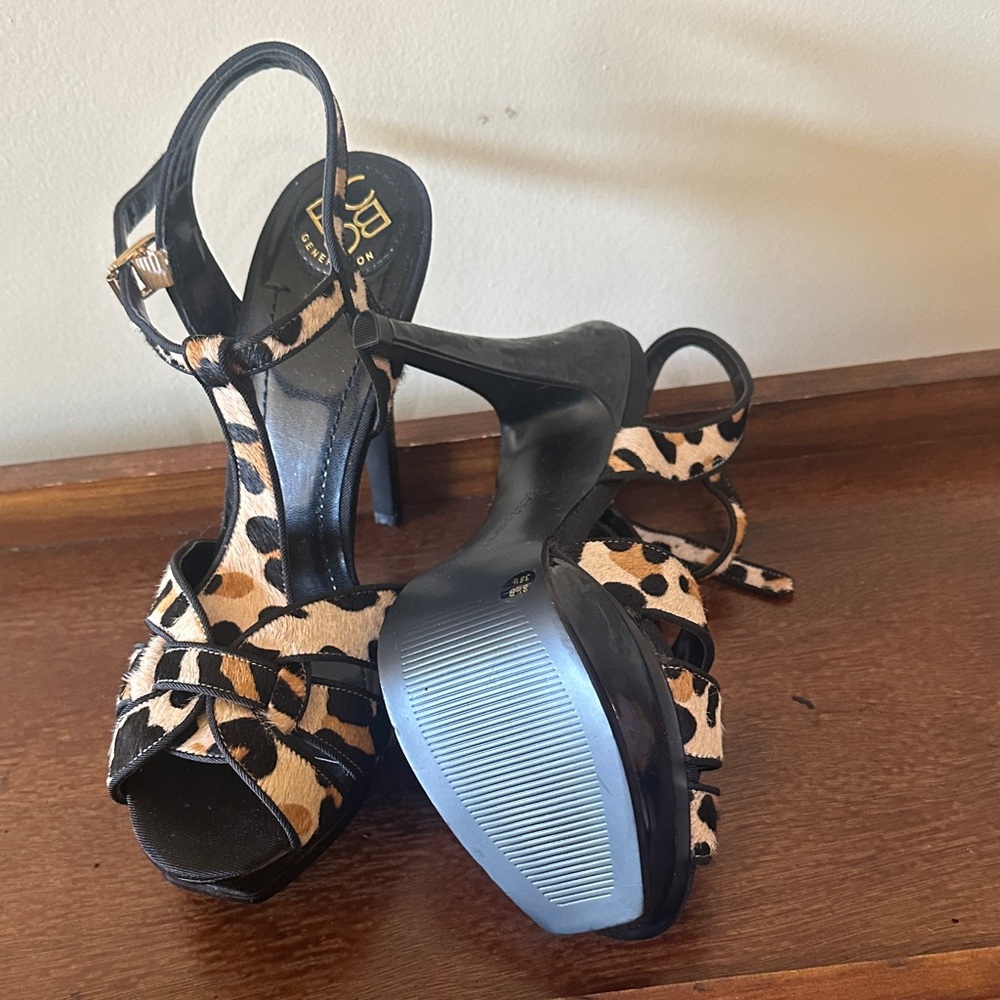 BCBGeneration Leopard Print Heels with Black Straps